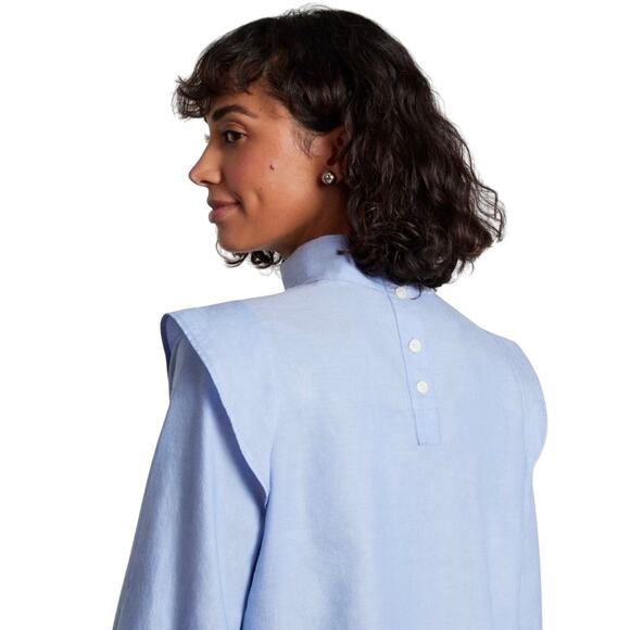 NWT EVERLANE Women’s Blue Wing Shoulder Bishop Sleeve Stand Collar Top - Picture 3 of 6